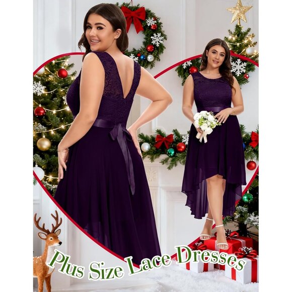 BeryLove Women Grape Chiffon Scoop Neck Sleeveless Lace Cocktail Dress - Picture 6 of 7